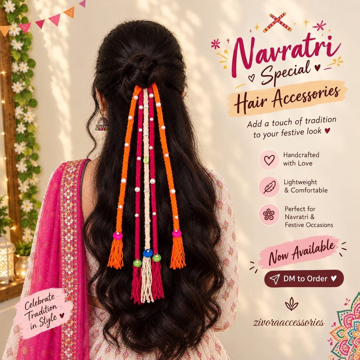 Zivora Accessories Navratri Special handmade orange and maroon hair tassels with pearls for garba