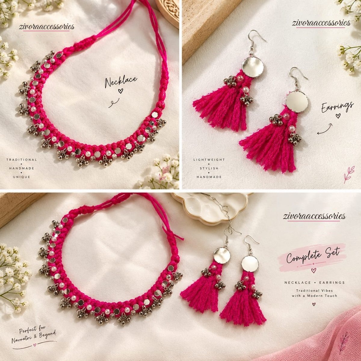 Handmade pink thread necklace and tassel earrings set with ghungroo charms by Zivora Accessories