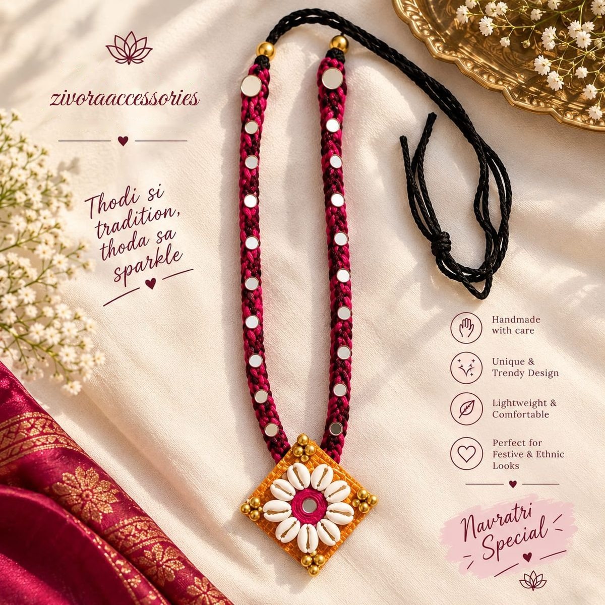 Handmade mirror-work thread necklace with cowrie shell pendant by Zivora Accessories