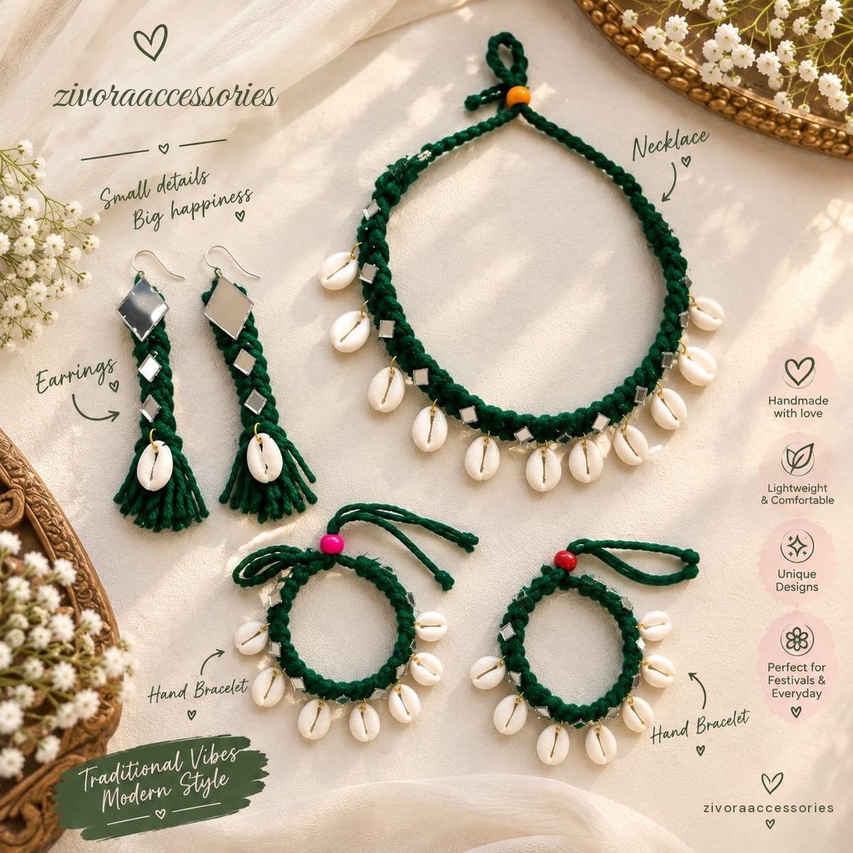 Handmade green thread jewellery set with cowrie shells and mirror work – necklace, tassel earrings and two hand bracelets – by Zivora Accessories