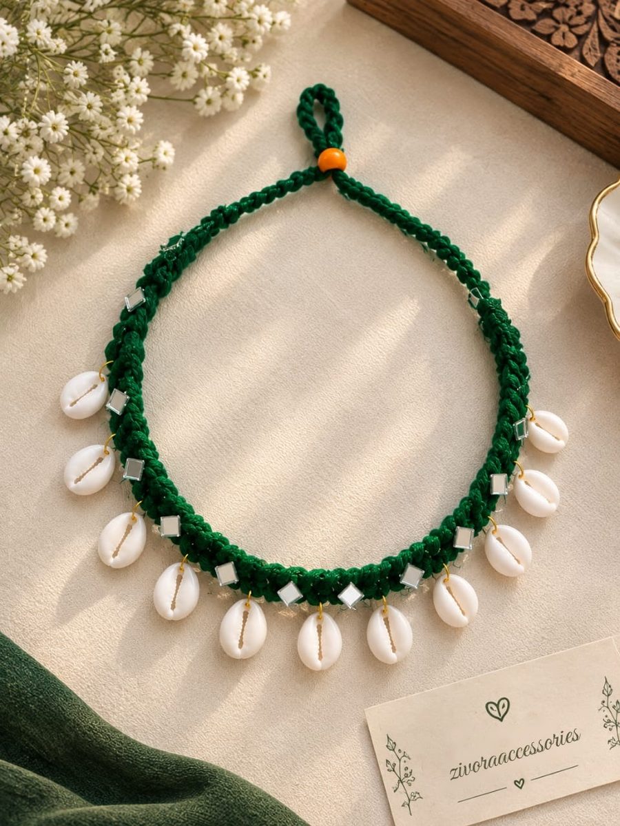 Handmade green braided thread necklace with cowrie shells and mirror work by Zivora Accessories