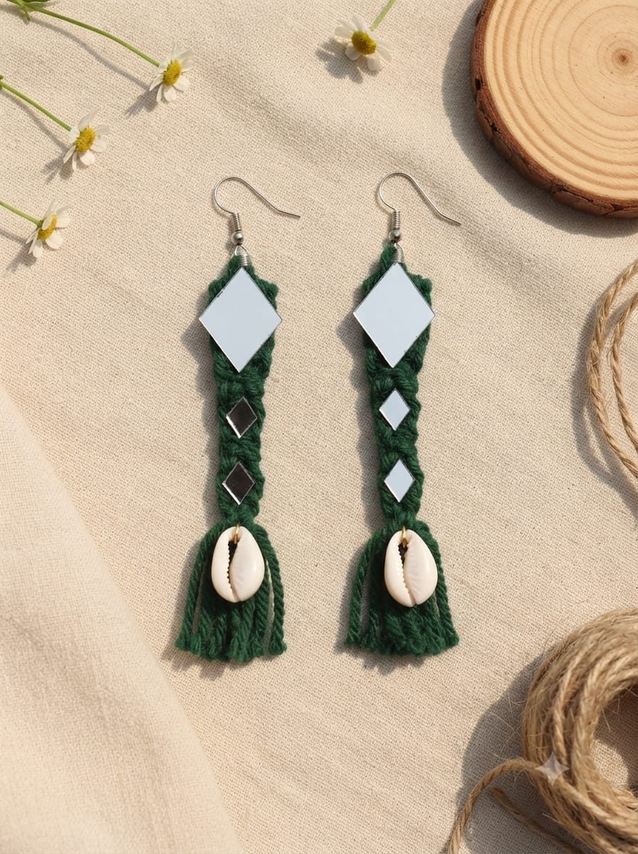 Handmade green macrame earrings with diamond mirrors and cowrie shell tassels by Zivora Accessories