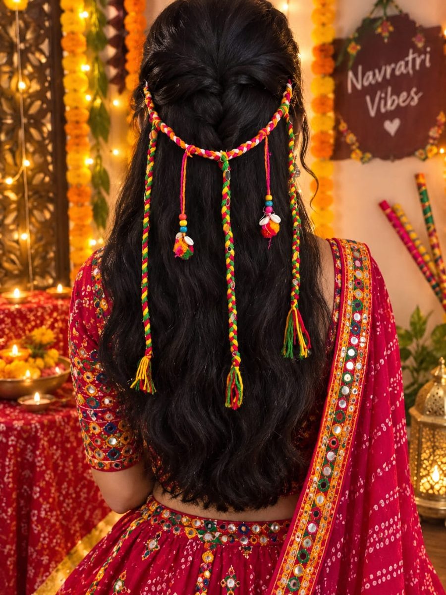 Handmade multicolour braided hair accessory with pom-poms on a festive Navratri hairstyle, by Zivora Accessories