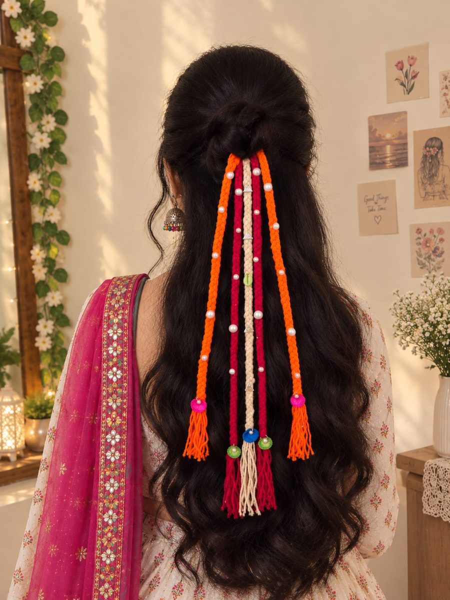 Handmade orange and maroon pearl hair tassels for Navratri by Zivora Accessories