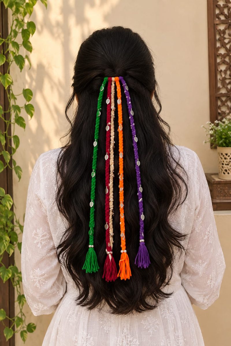 Handmade rainbow hair tassels with mirror work for garba by Zivora Accessories