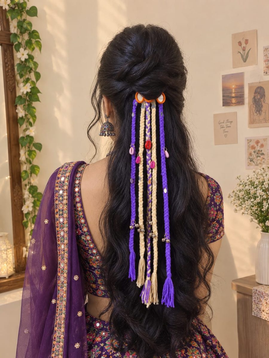 Handmade purple and ivory mirror-work hair tassels by Zivora Accessories