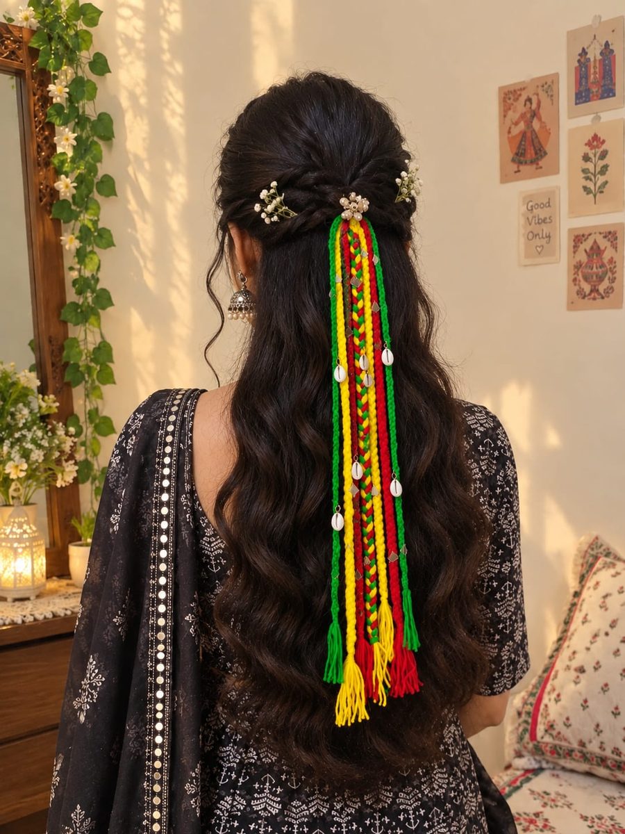 Handmade green and yellow hair tassels with cowrie shells by Zivora Accessories