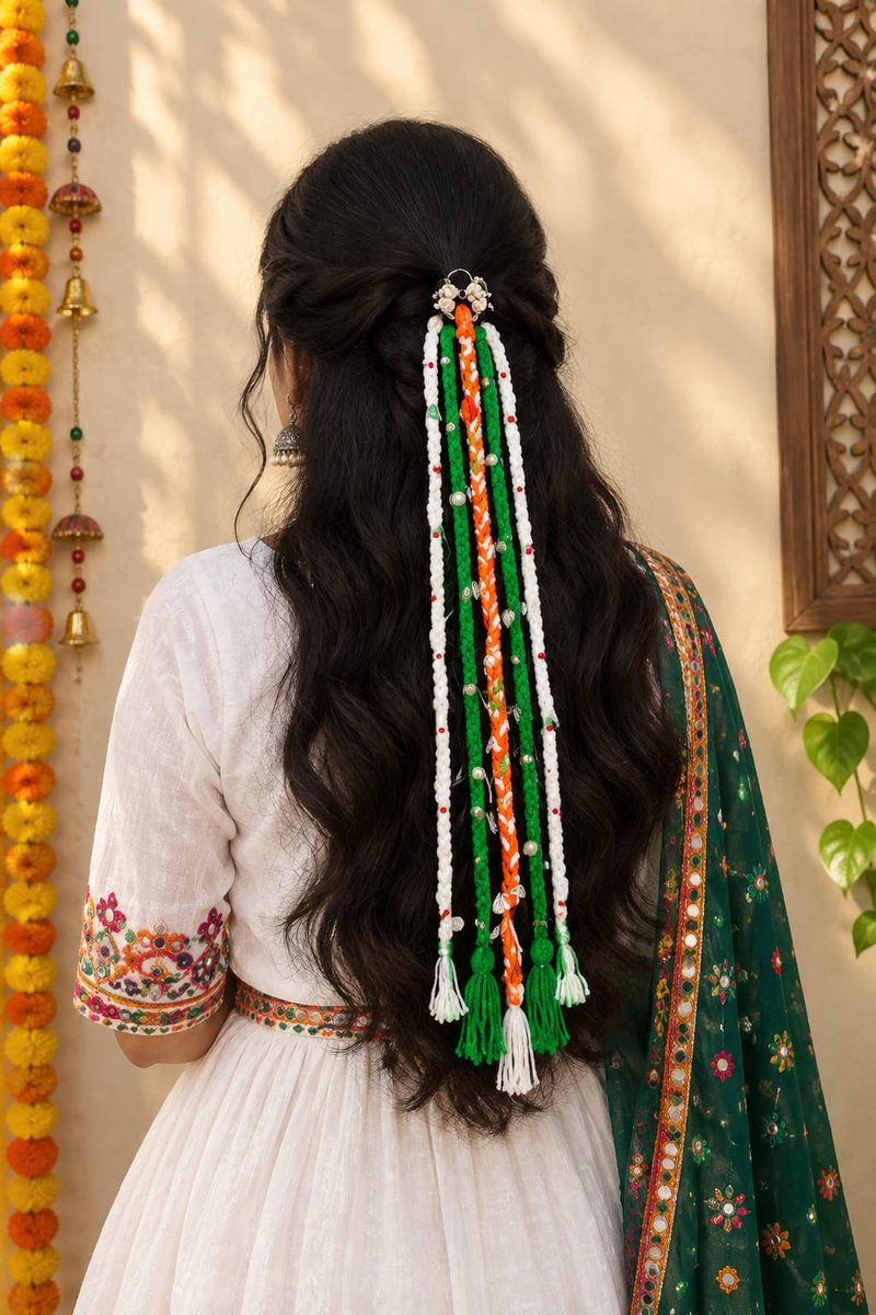 Handmade ivory and green hair tassels with cowrie shells by Zivora Accessories
