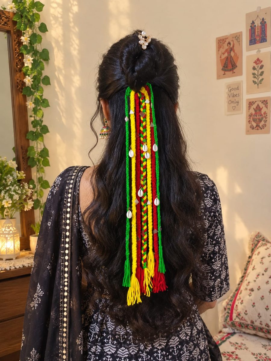 Handmade green, red and yellow festive hair tassels by Zivora Accessories