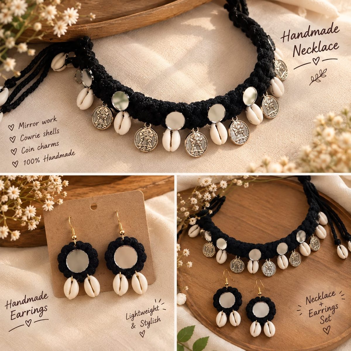Handmade black thread necklace and earrings set with mirror work, cowrie shells and coin charms by Zivora Accessories